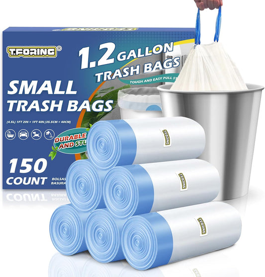 1.2 Gallon Mini Trash Bags Drawstring, Unscented, White, 150 Count