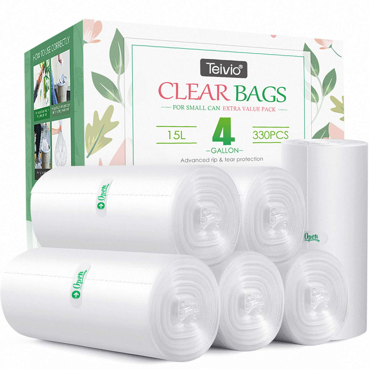Teivio Mini Clear Trash Bags 0.5 Gallon 276 Count 11"x12" Unscented