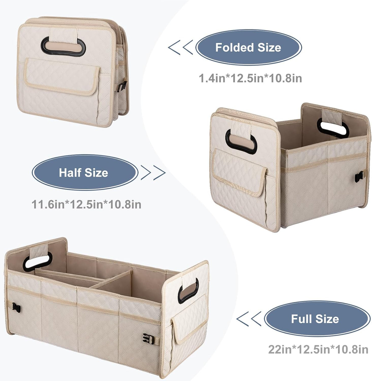 JiatuA Car Trunk Organizer for SUV, Car Storage Organizer Collapsible Multi Compartment Container Box Adjustable Car Accessories for Women Men, Beige