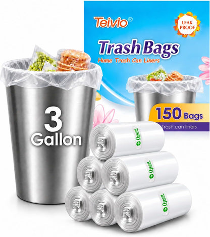 Teivio Small Clear Trash Bags 3 Gallon 150 Count Unscented Garbage Bags