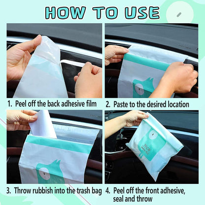 52pcs Car Trash Bags Easy Stick-On Disposable Portable Car Garbage Bags, Waterproof Leak Proof Barf Vomit Bags, Self Adhesive Cleaning Bags for Cars, Bedrooms, Bathrooms, Offices, Kitchens - Pattern A