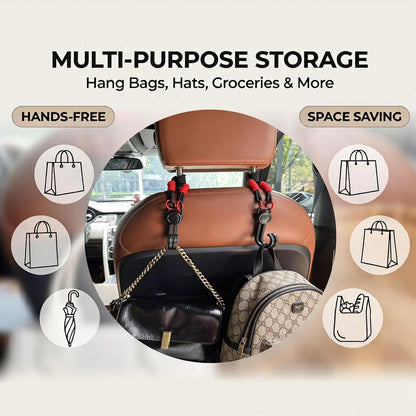 Car Seat Headrest Hooks, 360° Rotating Braided Nylon Hook, Black, 2 Pack