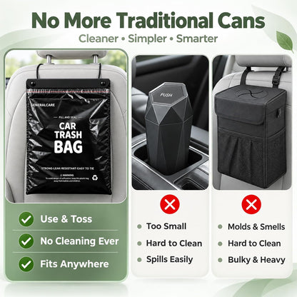 50 Count Recycled Disposable Car Trash Bags - 2.5 Gallon Heavy Duty Alternative to Bulky Car Trash Can & Car Garbage Can, Leakproof Smellproof Hanging & Stick-On Garbage Bag for Car, SUV, Truck