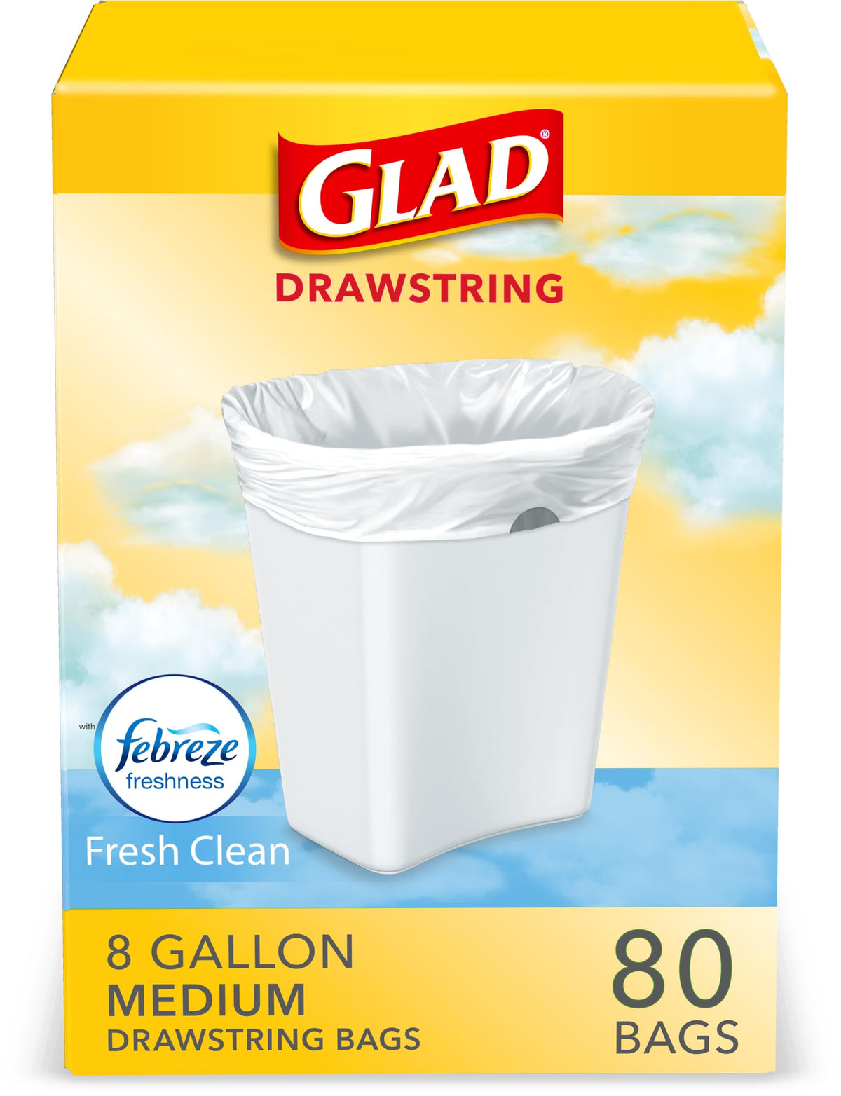 Glad Medium Drawstring Trash Bags, Rip and Tear Resistant, Fresh Clean Scented Garbage Bags, Odor Control, Febreze Freshness, 8 Gallon Trash Bags, 80 Count