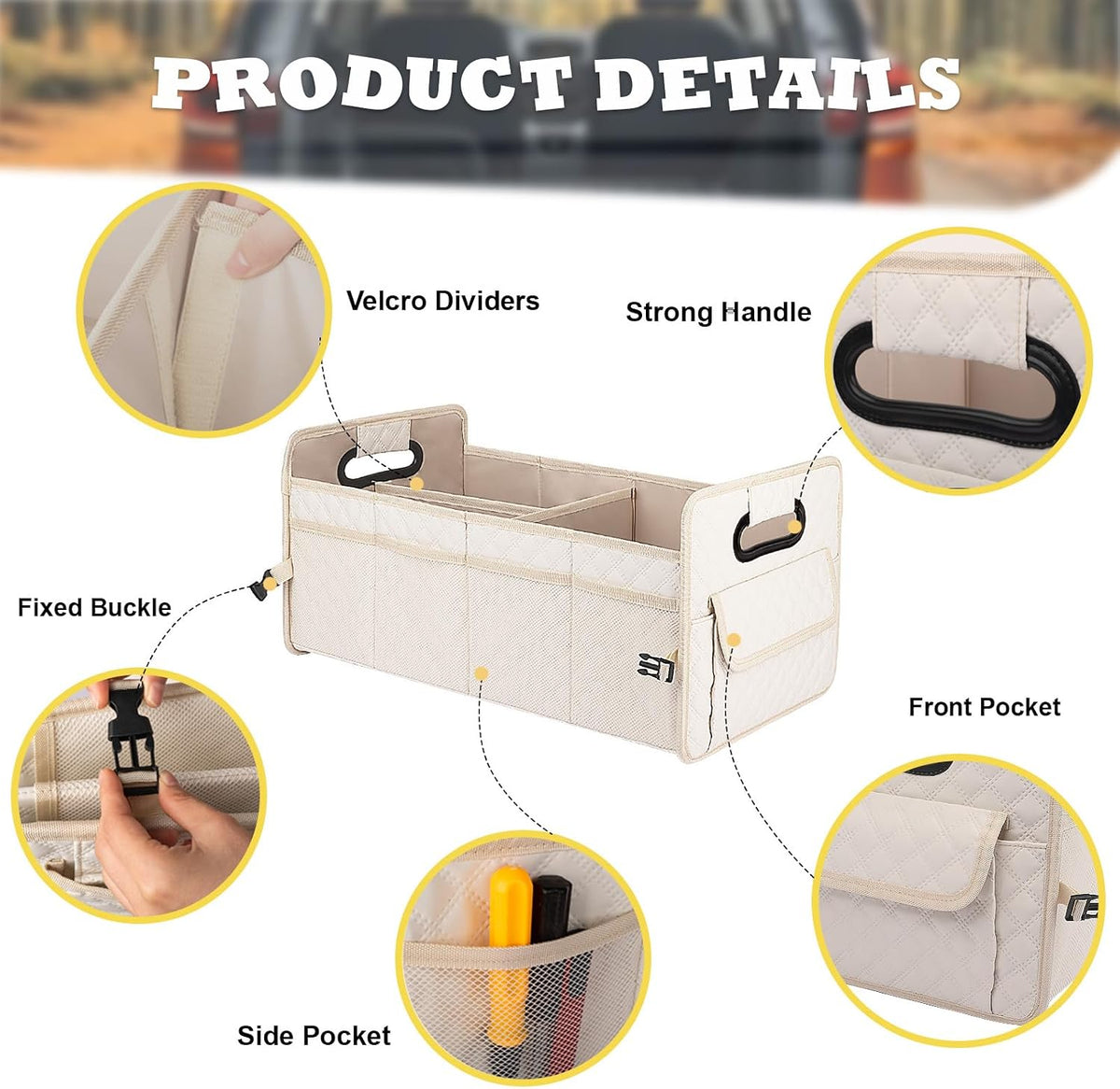 JiatuA Car Trunk Organizer for SUV, Car Storage Organizer Collapsible Multi Compartment Container Box Adjustable Car Accessories for Women Men, Beige