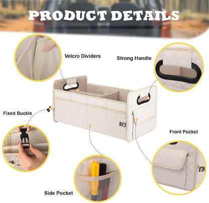 JiatuA Car Trunk Organizer for SUV, Car Storage Organizer Collapsible Multi Compartment Container Box Adjustable Car Accessories for Women Men, Beige