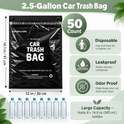 50 Count Recycled Disposable Car Trash Bags - 2.5 Gallon Heavy Duty Alternative to Bulky Car Trash Can & Car Garbage Can, Leakproof Smellproof Hanging & Stick-On Garbage Bag for Car, SUV, Truck