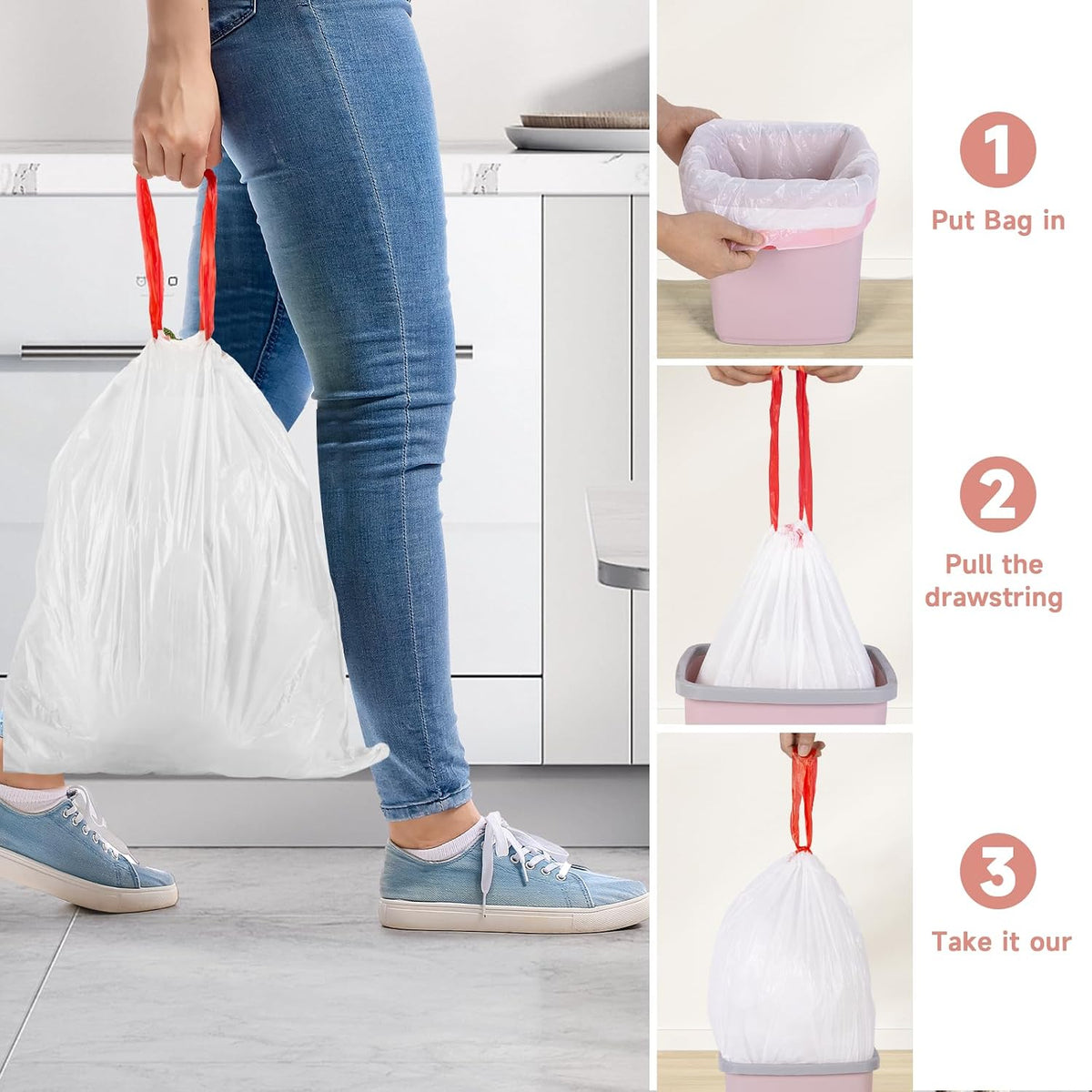 1.2 Gallon Small Trash Bags Drawstring - White Mini Garbage Bags (Fit 1-1.3 Gallon) 5 Liter 60 Count Unscented Strong Plastic Tiny Little Waste Basket Liners for Kitchen Car Office Magesh