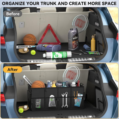 Car Trunk Organizer SUV Collapsible Car Caddy Truck Storage Heavy Duty Oxford Car Grocery Organizer for Cargo Van Jeep Sedan with 2 Large Compartments, 6 Pockets, 4 Adjustable Straps, 2 Handles 50L