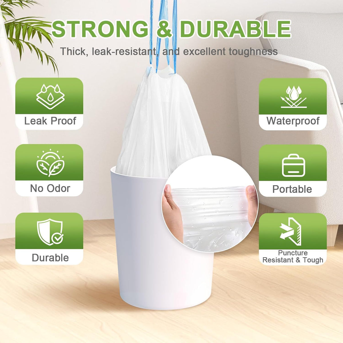 4 Gallon 200 Count Drawstring White Unscented Small Trash Bags