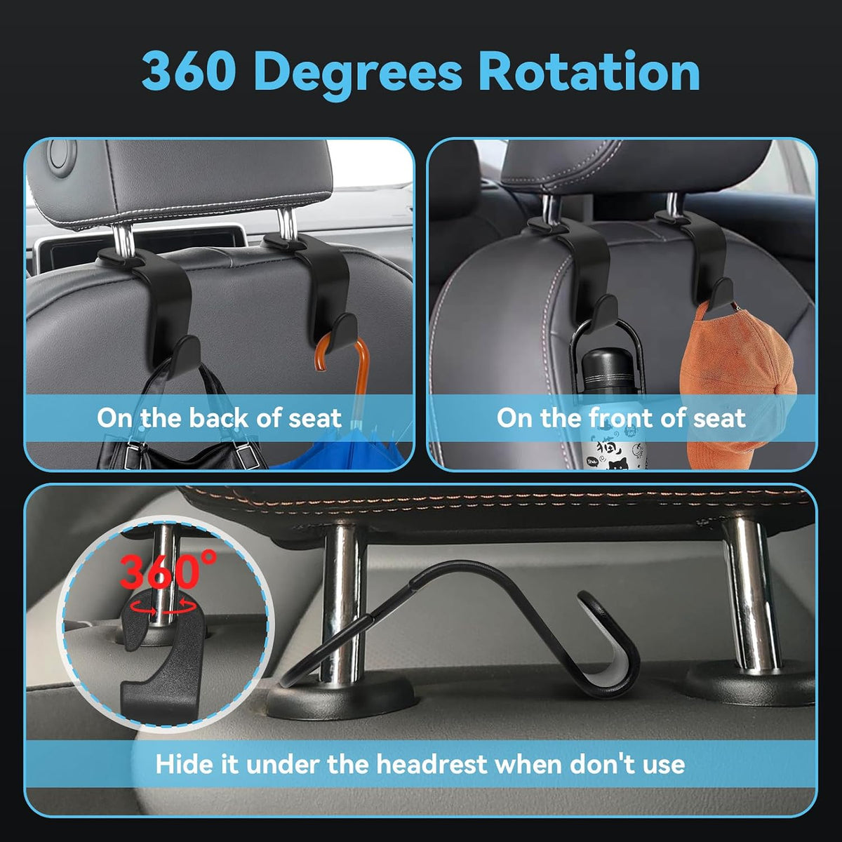 USSDE Car Seat Hooks Vehicle Headrest Back Storage Organizer 4 Pack for Purses Bags backpacks Groceries Hanger Holder - Universal Sturdy Holds 55lbs 360° Rotating (Style A/Black)
