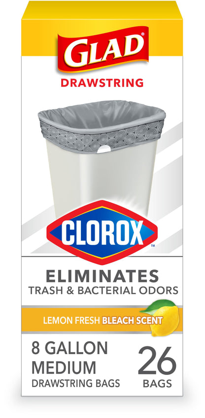Glad Medium Drawstring Trash Bags, Rip and Tear Resistant, Fresh Clean Scented Garbage Bags, Odor Control, Febreze Freshness, 8 Gallon Trash Bags, 80 Count