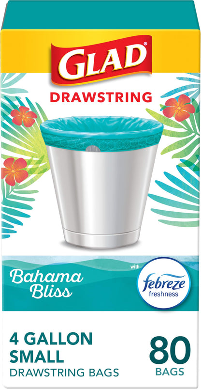 Glad Small Trash Bags 4 Gallon, Febreze Cherry Blossom Garbage Bags, Odor Resistant with Drawstring, 34 Count