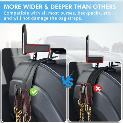 Car Hooks for Headrest, Leather Car Seat Back Storage Organizer Interior Accessories, More Wide & Deep Auto Seat Hook Hangers for Purse Umbrellas Handbag Clothes Coats Grocery Bags (Black-2 Pack)