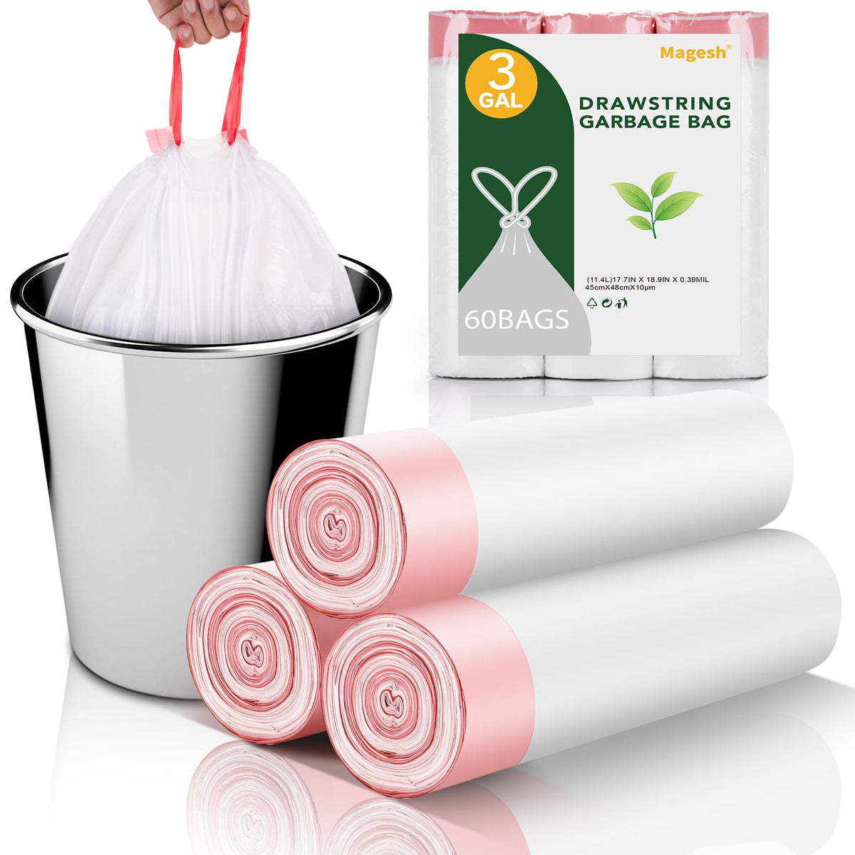 1.2 Gallon Small Trash Bags Drawstring - White Mini Garbage Bags (Fit 1-1.3 Gallon) 5 Liter 60 Count Unscented Strong Plastic Tiny Little Waste Basket Liners for Kitchen Car Office Magesh