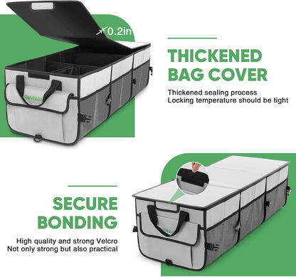 Simniam Car Trunk Organizer with Insulated Grocery Bag- 110L High Capacity Car Storage Box, with 4 Compartments, Reflective Strip, Cover, for Auto, SUV, Truck, Minivan