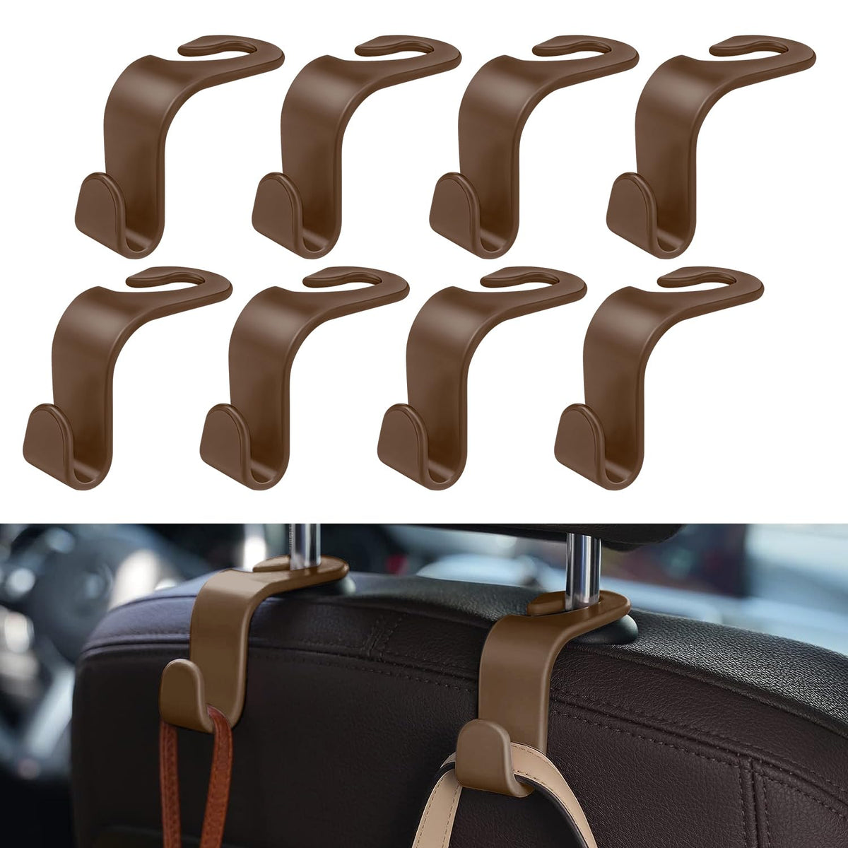 8 Pack Car Seat Headrest Hooks with 44 Pounds Load Capacity, Hangers Storage Organizer Universal Car Interior Accessories for Handbags Water Bottles Purse Coats Umbrellas, Black