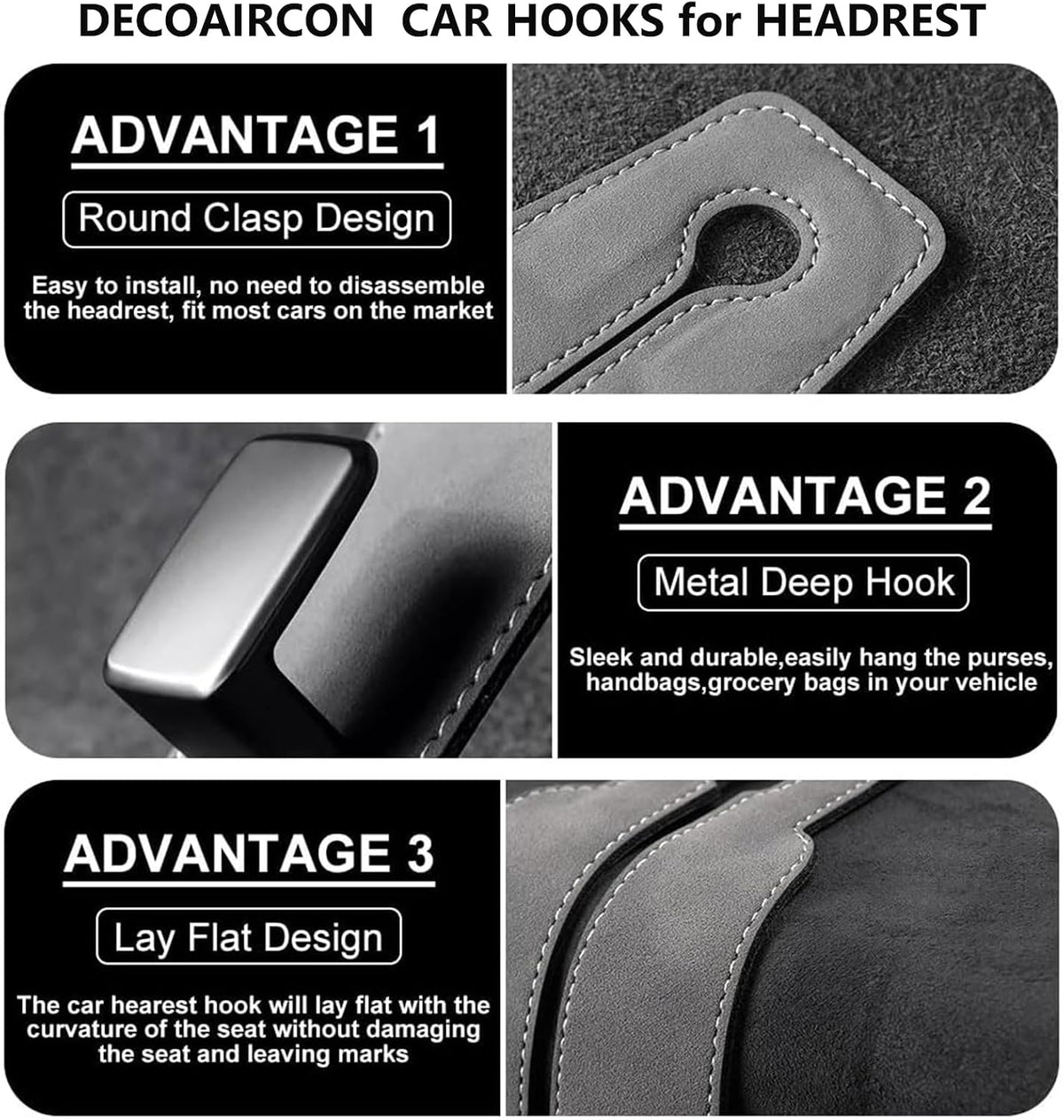 2 Pack Leather Car Headrest Hooks Grey Purse Bag Storage Holders for Car Seats