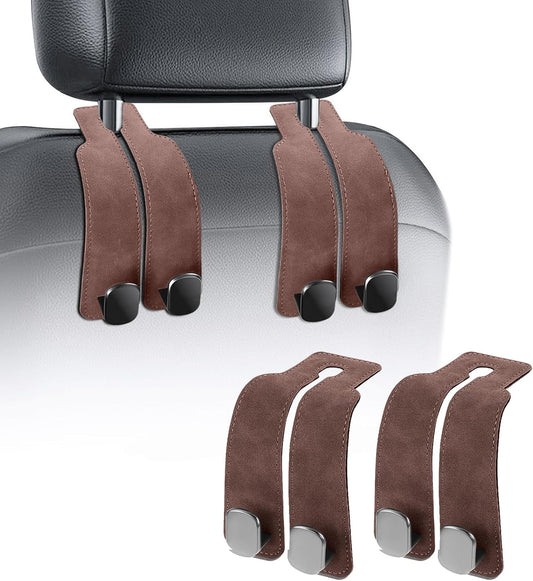 TwinHook Leather Car Headrest Hangers, Car Headrest Hooks for Purse and Bags, 2-in-1 Leather Car Seat Back Storage Hook, Anti-Slip Purse Holder for Car, Supports Up to 50 lbs (Brown-2 Pack)