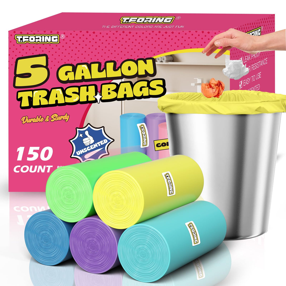 Small 3 Gallon Trash Bags Unscented, 0.78 Mil, Colored, 150 Count