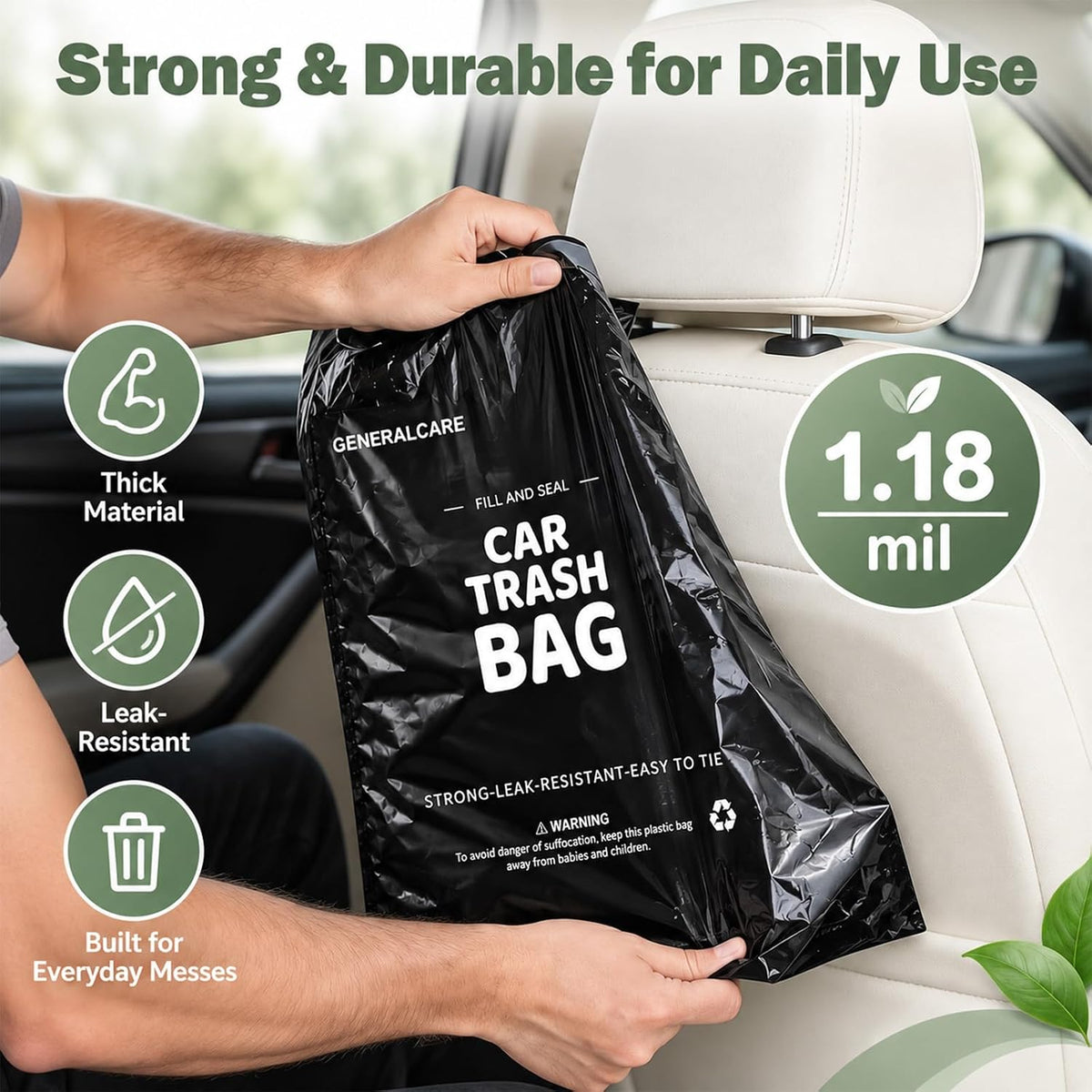 50 Count Recycled Disposable Car Trash Bags - 2.5 Gallon Heavy Duty Alternative to Bulky Car Trash Can & Car Garbage Can, Leakproof Smellproof Hanging & Stick-On Garbage Bag for Car, SUV, Truck