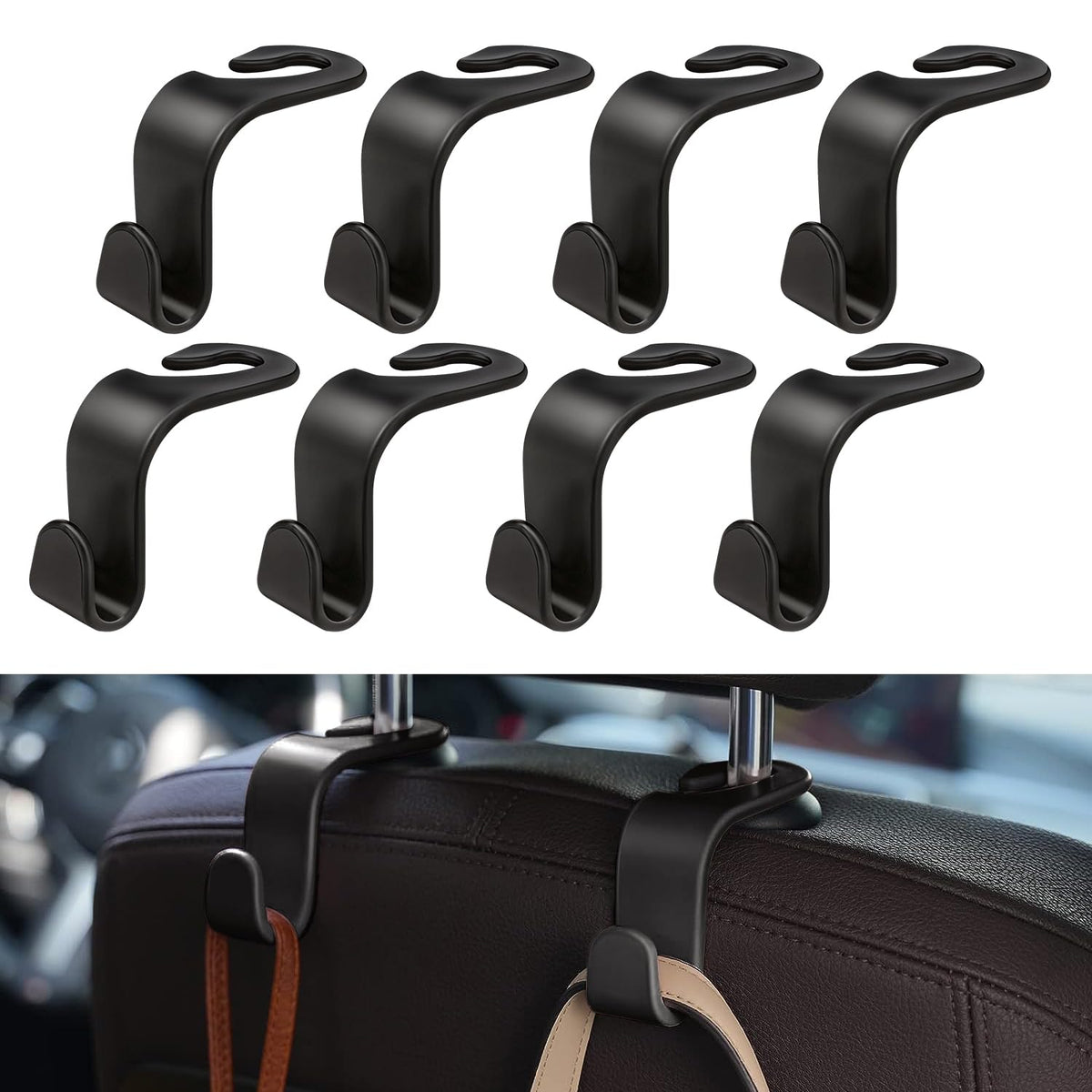 8 Pack Car Seat Headrest Hooks with 44 Pounds Load Capacity, Hangers Storage Organizer Universal Car Interior Accessories for Handbags Water Bottles Purse Coats Umbrellas, Black