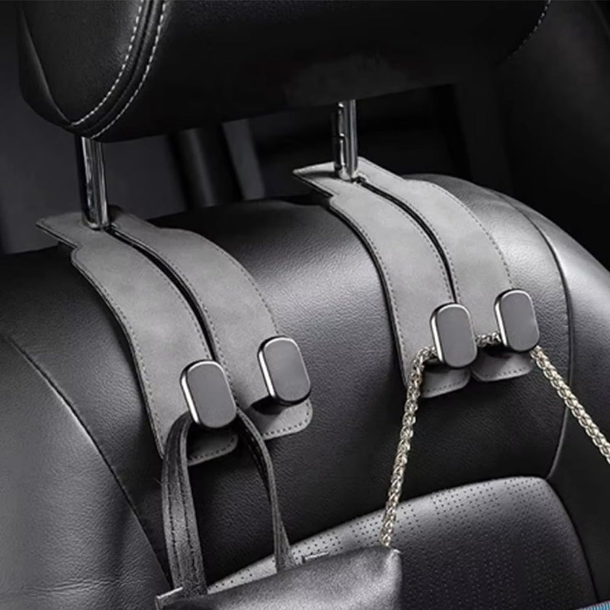 2 Pack Leather Car Headrest Hooks Grey Purse Bag Storage Holders for Car Seats