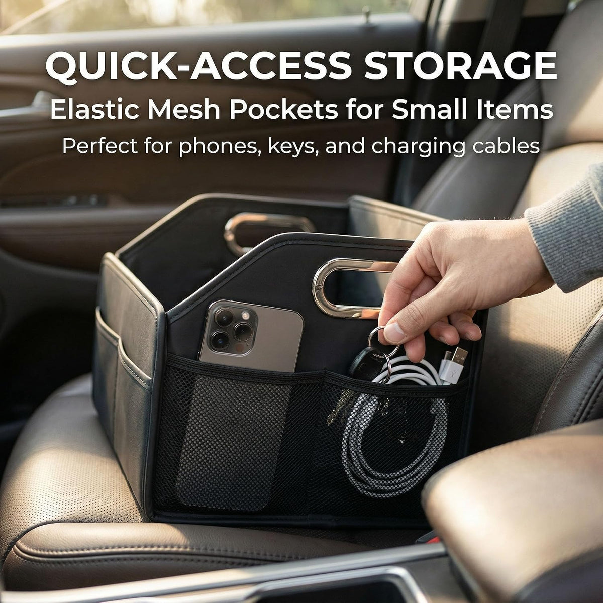 Leather Car Organizer Front Seat Organizer with Metal Handles