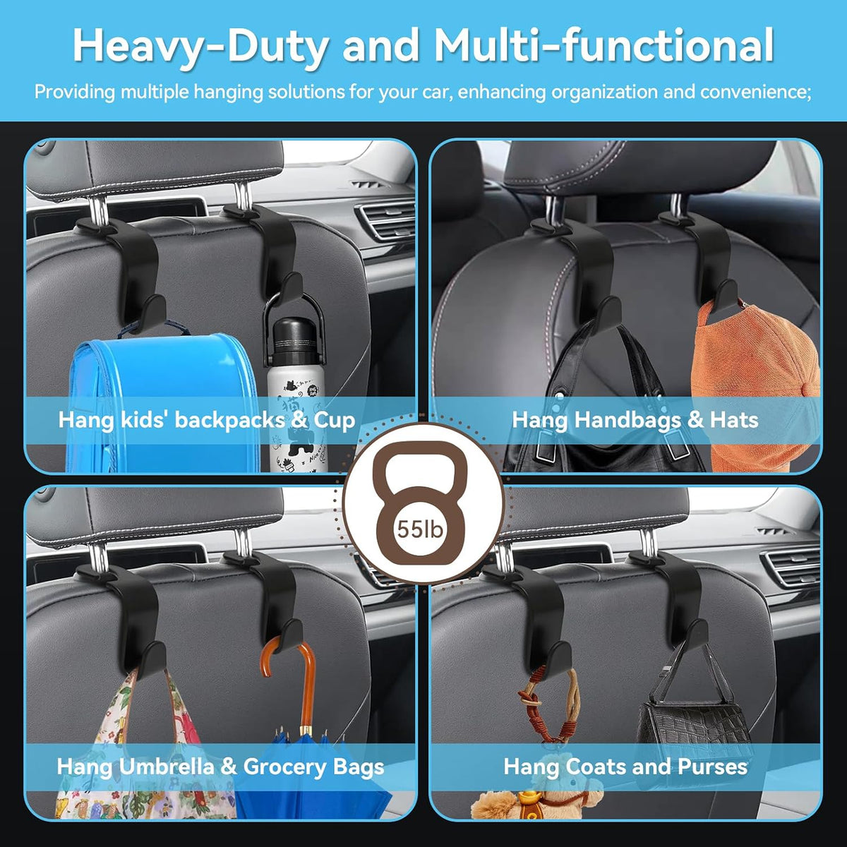 USSDE Car Seat Hooks Vehicle Headrest Back Storage Organizer 4 Pack for Purses Bags backpacks Groceries Hanger Holder - Universal Sturdy Holds 55lbs 360° Rotating (Style A/Black)
