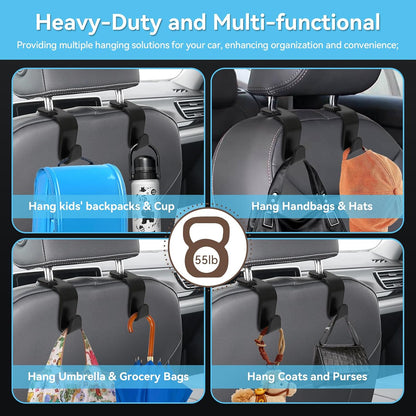 USSDE Car Seat Hooks Vehicle Headrest Back Storage Organizer 4 Pack for Purses Bags backpacks Groceries Hanger Holder - Universal Sturdy Holds 55lbs 360° Rotating (Style A/Black)