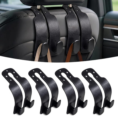 4 Pack Headrest Hooks for Car, Universal Leather Car Seat Back Hooks for Purses and Bags, Durable Car Purse Holder & Backseat Organizer Hanger for Handbags, Grocery Bags, Coats, Accessories, Black
