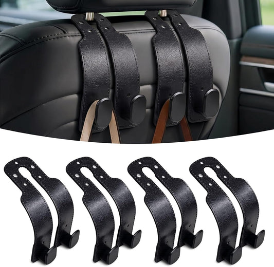 4 Pack Headrest Hooks for Car, Universal Leather Car Seat Back Hooks for Purses and Bags, Durable Car Purse Holder & Backseat Organizer Hanger for Handbags, Grocery Bags, Coats, Accessories, Black
