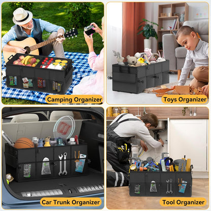 Car Trunk Organizer SUV Collapsible Car Caddy Truck Storage Heavy Duty Oxford Car Grocery Organizer for Cargo Van Jeep Sedan with 2 Large Compartments, 6 Pockets, 4 Adjustable Straps, 2 Handles 50L