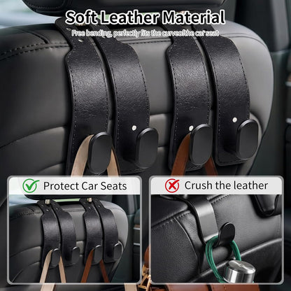 4 Pack Headrest Hooks for Car, Universal Leather Car Seat Back Hooks for Purses and Bags, Durable Car Purse Holder & Backseat Organizer Hanger for Handbags, Grocery Bags, Coats, Accessories, Black