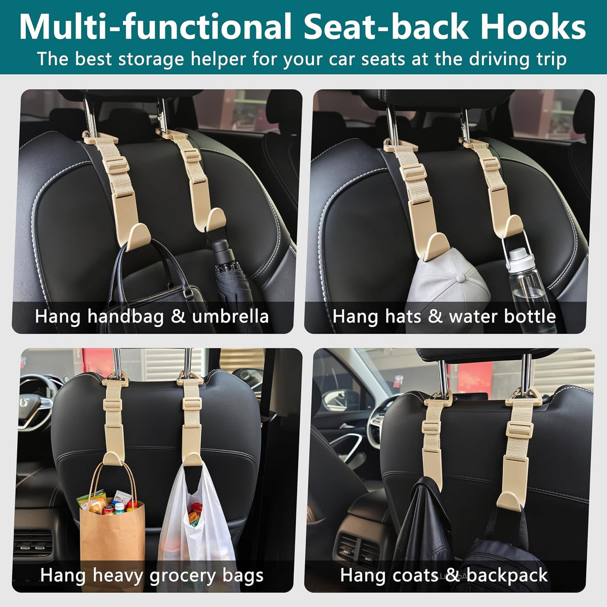 Amooca 4 Pack Anti-drop Headrest Hooks Adjustable Car Seat Organizer