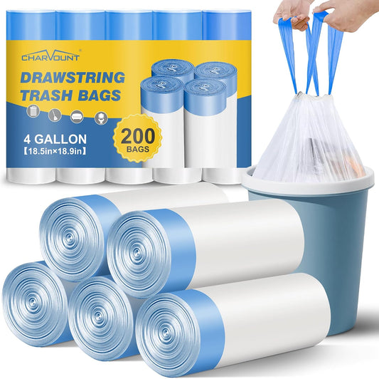 Charmount Small Trash Bags 4 Gallon, 200 Count Drawstring Mini Garbage Bags