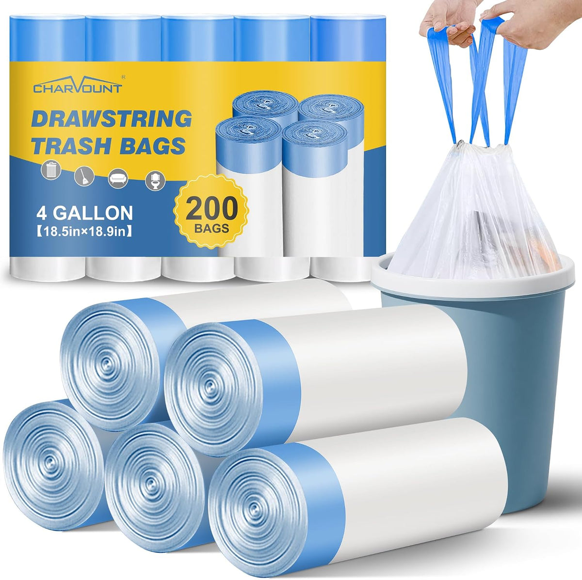 Charmount Small Trash Bags 4 Gallon, 200 Count Drawstring Mini Garbage Bags