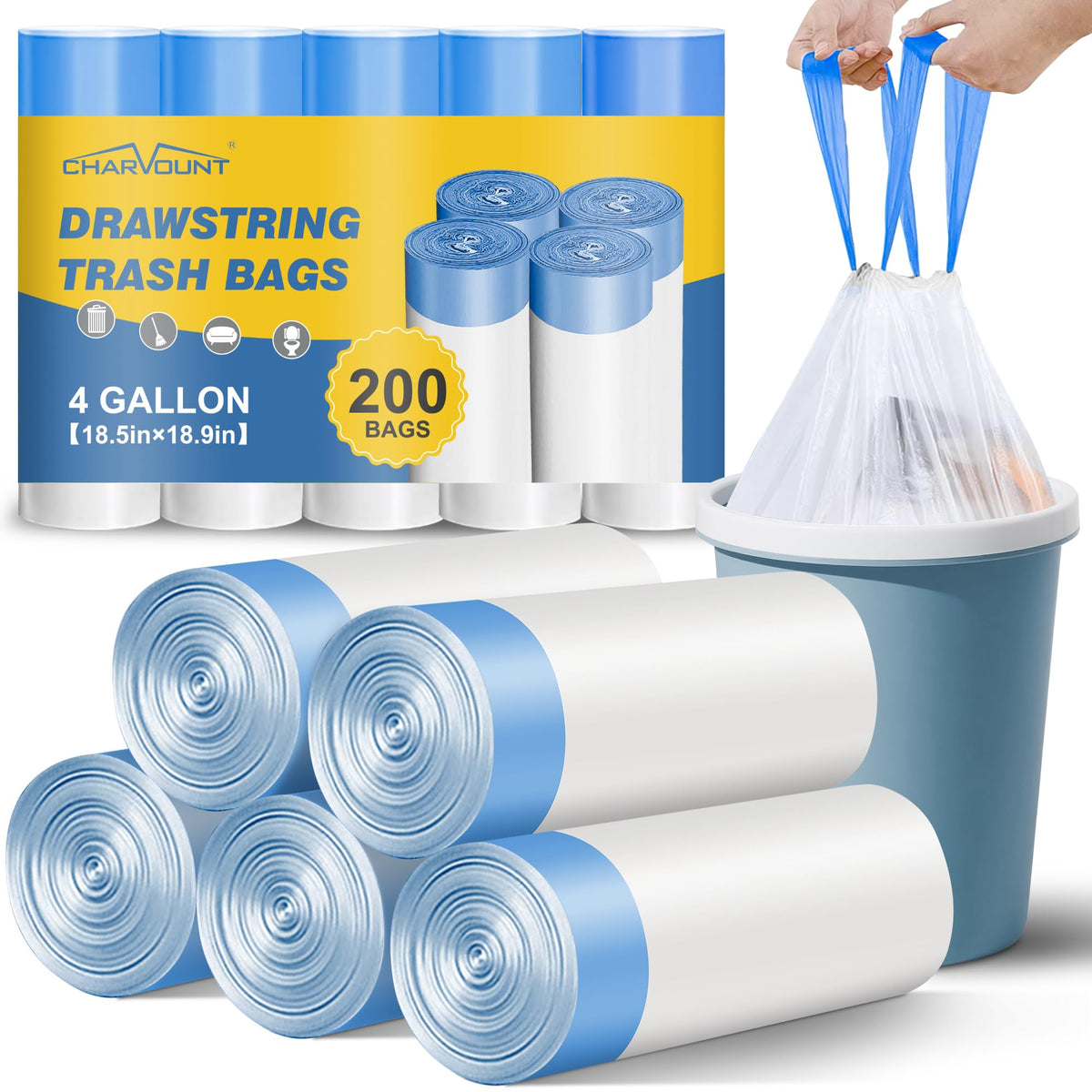 Charmount Small Trash Bags 4 Gallon, 200 Count Drawstring Mini Garbage Bags