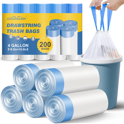 Charmount Small Trash Bags 4 Gallon, 200 Count Drawstring Mini Garbage Bags