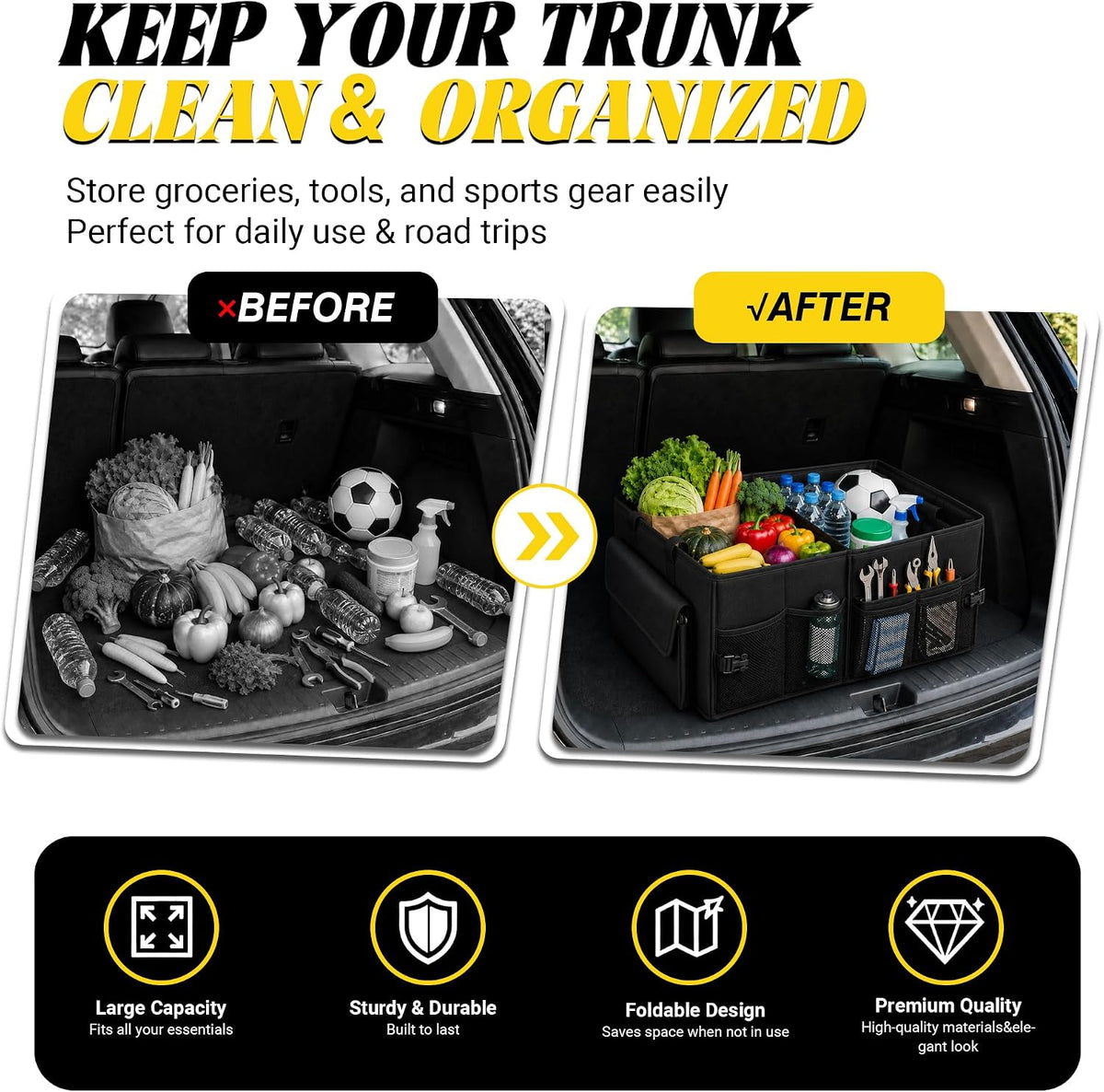 45L Trunk Organizer, Small Foldable Car Organizer for SUV, Jeep, Sedan