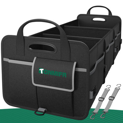 Heavy-Duty Trunk Organizer & Multi-Compartment Storage Box for SUV/Sedan/Minivan,600D Waterproof Oxford,2 Securing Hooks & Reflective Strips-Large Capacity Organiser(92L)