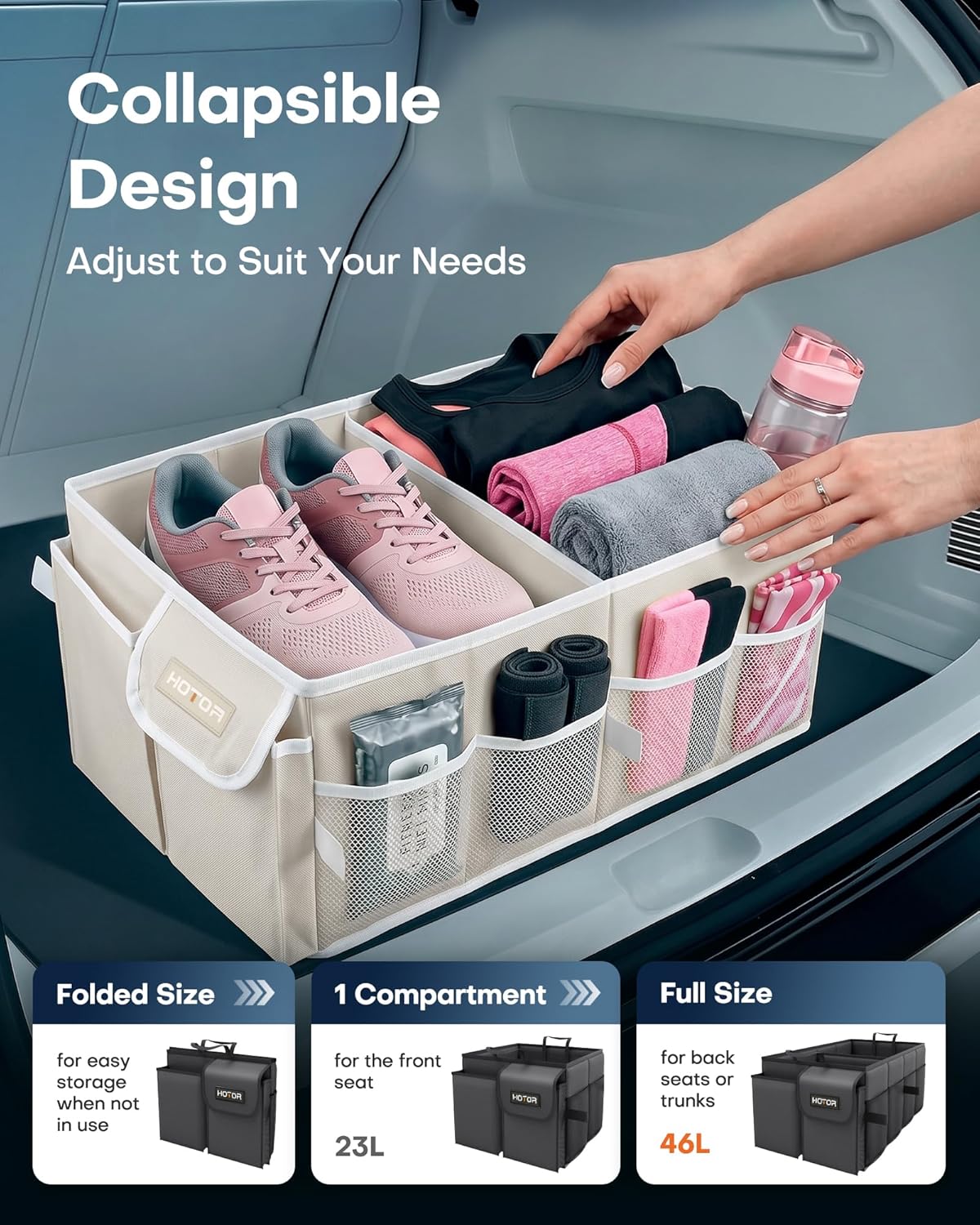 HOTOR Trunk Organizer - Foldable Car Organizer for SUVs & Sedans Storage