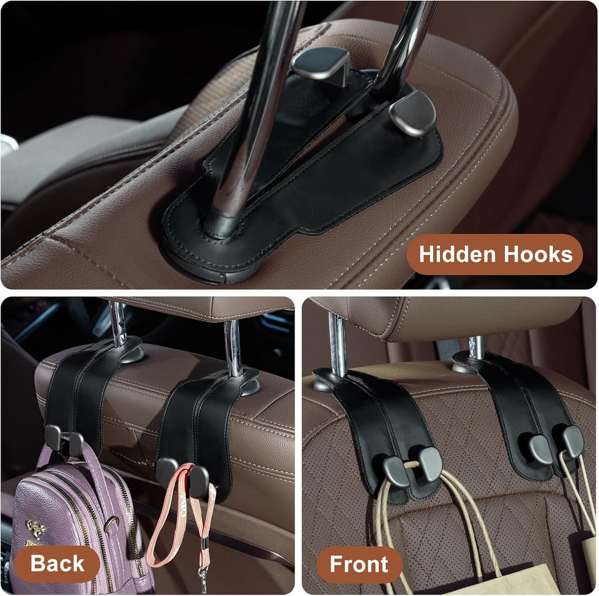 CoBak Purse Hook for Car - Universal Premium Stitched Leather and Aluminum-Magnesium Alloy Double Car Seat Back Storage Hook for Purses, Handbags, Bags (2 Pack),Black