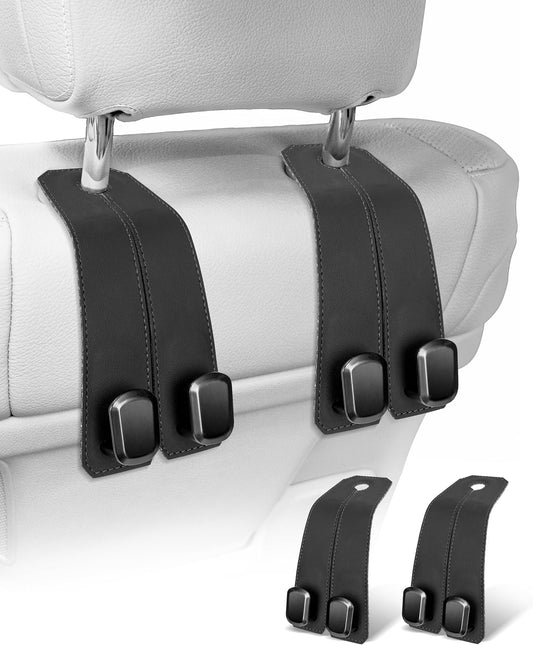 Car Hooks for Headrest, 2Pcs Seat Back Storage Hook Luxurious Leather 100% Metal Multifunctional Car Hanger & Holder for Heatrest, Seat, Bag, Purse (Black)