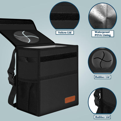 Femuar Leak Proof Car Trash Can with Lid - Waterproof Automotive Garbage Bin for SUVs, Collapsible and Portable Car Trash Bag, Black