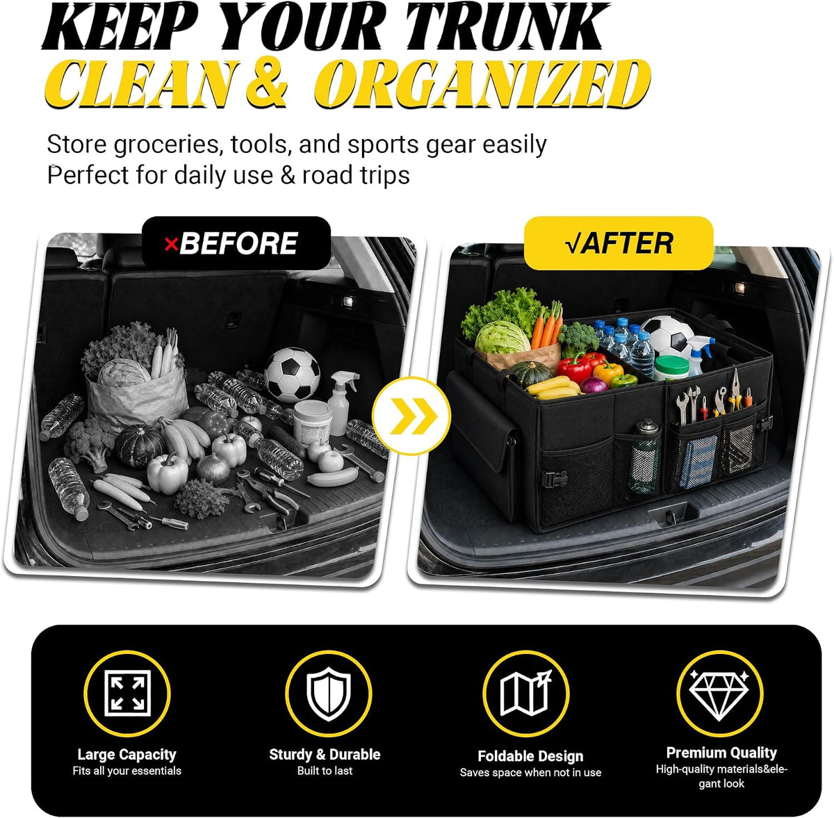 65L Trunk Organizer, Large Foldable Car Organizer for SUV, Jeep, Sedan