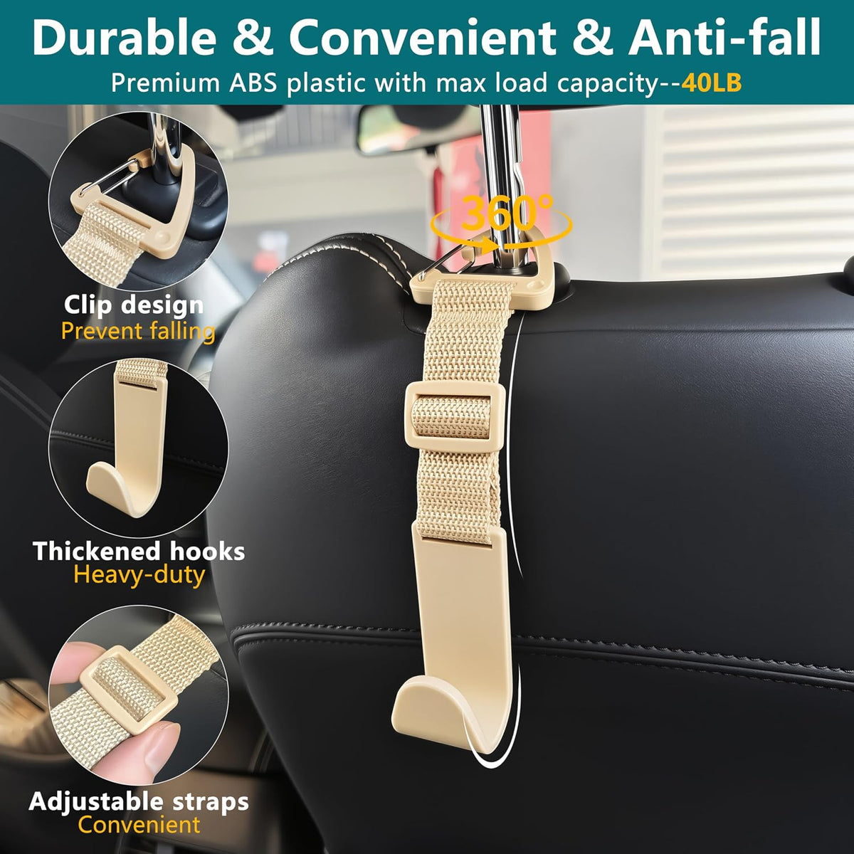 Amooca 4 Pack Anti-drop Headrest Hooks Adjustable Car Seat Organizer