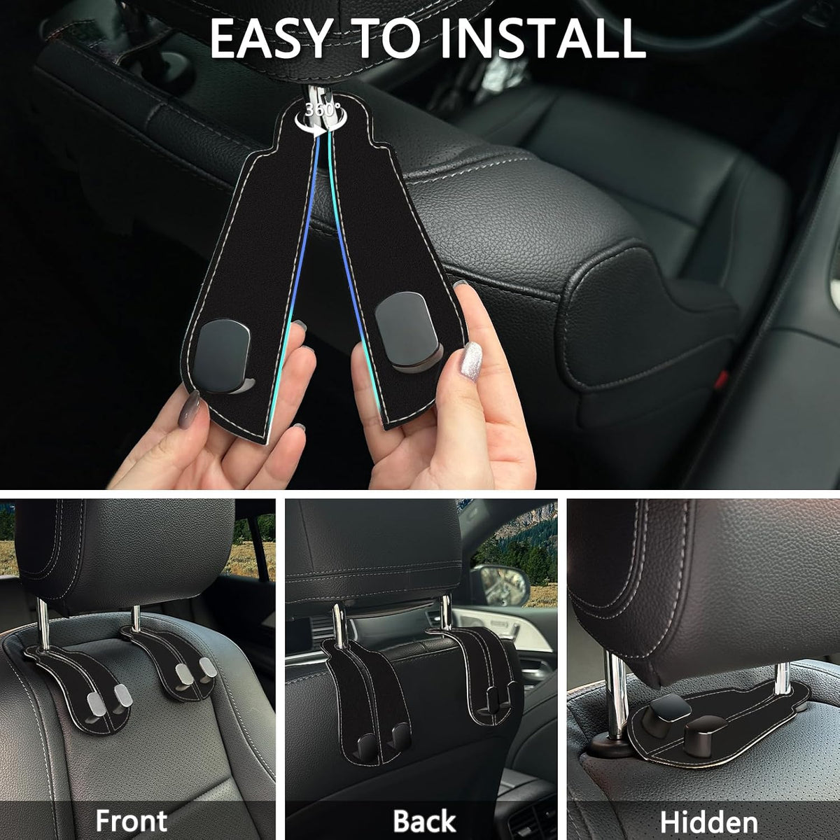 Blusabaca 2PCS Car Seat Headrest Hooks, Purses Bags Holder, Black