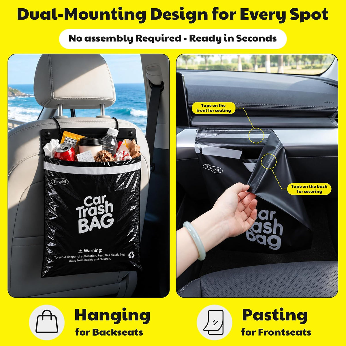 50 Bags Hanging Car Trash Bags Disposable, 2 Gallon Car Garbage Bags. Black