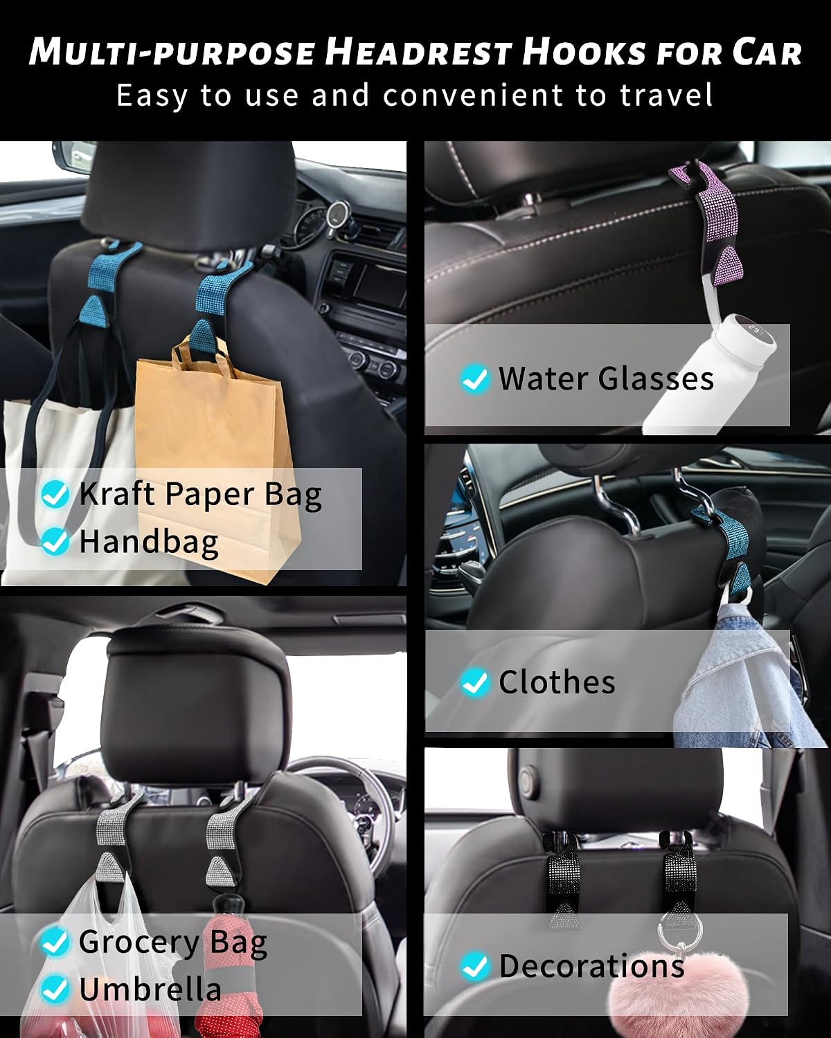 4 Pack Sparkling Car Seat Hooks Purse Holder for Bags, Black